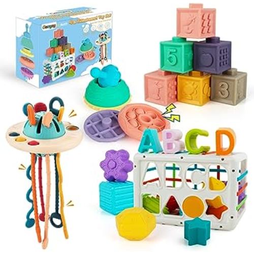 Cawgug 4 in 1 Montessori Toys, UFO Pulling Toy, Silicone Spaceship Stacking Blocks Toy, Infant Sensory Shape Sorter Toys, Baby Toys 6 to 12 Months, Toddlers Toy Gifts for 1-3 Year Old Boys Girls