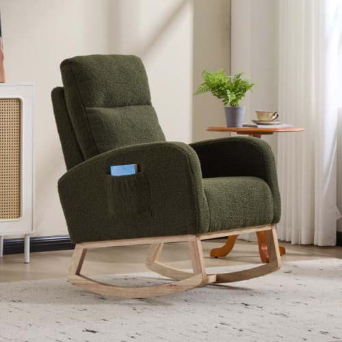 Modern Accent Rocking Chair Rocking Chair with Solid Wood Legs, Upholstered Nursery Glider Rocker, Comfy Armchair with Side Pocket, Living Room Lounge Arm Chair with High Backrest (Dark green,teddy)