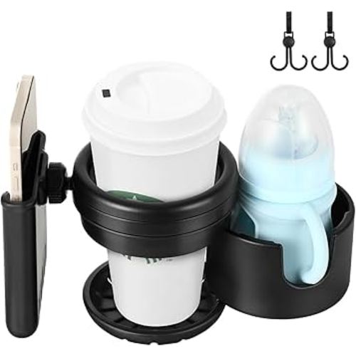 Zooawa Stroller Cup Holder with Phone Holder, 3-in-1 Removable Bottle Holder, 360 Degrees Rotation Drink Holder, Univeral Baby Bottle Organizer for Stroller, Scooter, Bike, Walker, Wheelchair, Black