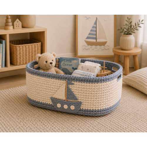 Nautical Toy Storage Basket, Crochet Boat Basket, Nursery Storage Basket, Baby Room Organizer, Sailboat Nursery Decor, Kids Toy Basket