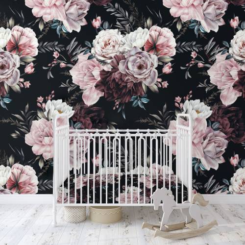 Black Vintage Peony Rose Floral Wallpaper Peel Stick Removable Baby Girl Nursery Decor Large Print Mural Kids Room Black Margot Flower Mauve