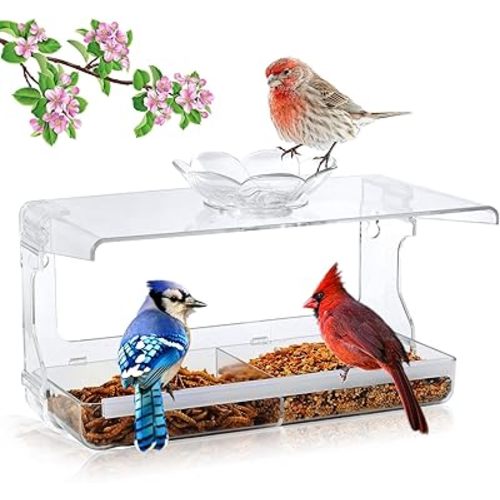 Window Bird Feeder with Non-Marking Self-Adhesive Hooks, Clear and Transparent, Outdoor Wild Bird Watching Gift, Garden Decor