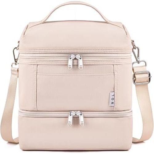 NOL Natural Organic Lifestyle Dual Compartment Insulated Lunch Bag Leakproof Cooler Tote Bag for Adults Lightweight Nylon Waterproof Lunch Box with Adjustable Shoulder Strap for Work, Cream