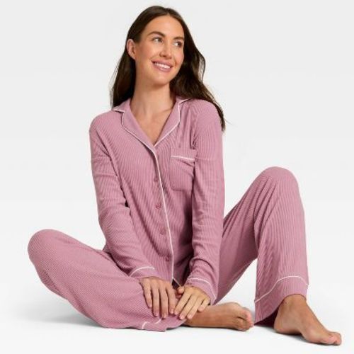 Women's Cozy Ribbed Notch Collar Long Sleeve Shirt and Pants Pajama Set - Auden™