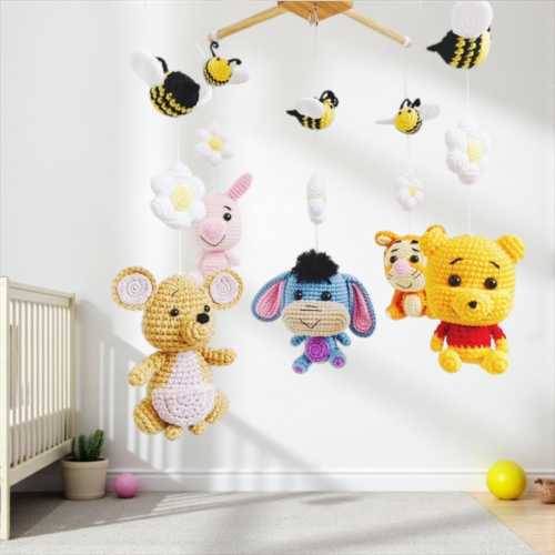 Winnie the Pooh Mobile, pooh bear woodland mobile, crochet mobile,  Baby Crib Mobile, Nursery mobile