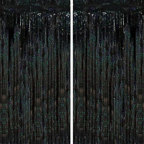 2 Pack Laser Black Tinsel Foil Fringe Curtains, Black Party Decorations, Metallic Tinsel Party Streamers Backdrop for Birthday Halloween Masquerade New Years Gatsby 1920s Party Decorations