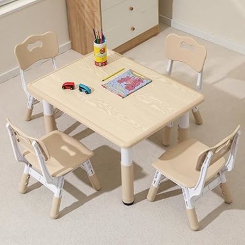 Toddler Table and Chairs, Kids Table and 4 Chairs Set with Graffiti Desktop, Height-Adjustable Kids Study Table for Boys and Girls Aged 3-8, Max 300lbs