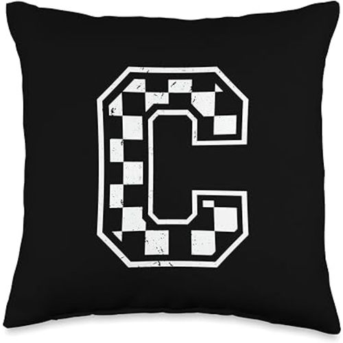 Letter C Initial Checkered Flag Racing Monogram Throw Pillow, 16x16, Multicolor