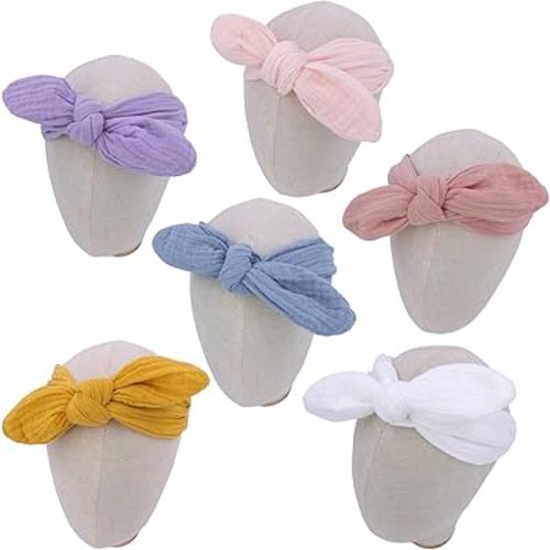 Sugarmelon Original Cotton Gauze Headband for Newborn Toddler Infant Baby Girl Kids Muslin Cotton Hair Bow Headbands Turban Elastic Hair Bands (6 pcs Knot Headband)