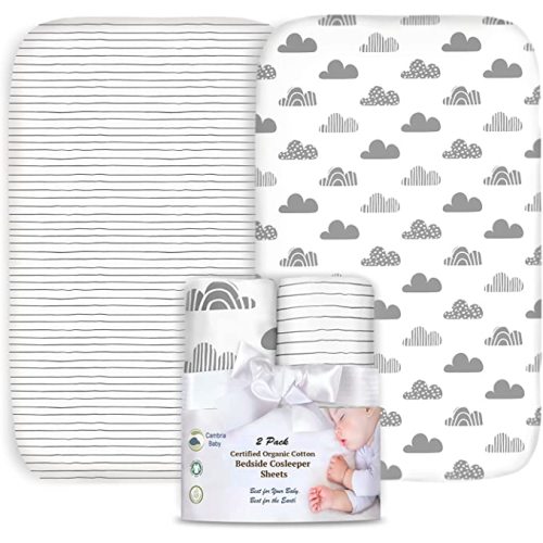 100% Organic Cotton 2 Pk Bedside Sleeper Bassinet Fitted Mattress Sheets Perfectly Compatible with Mika Micky, Baby Delight, Ronbei, Chicco, Cloud Baby, AMKE, Angelbliss, Arm's Reach. Cloud, Stripe