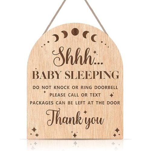 OLMIXA Baby Sleeping Wooden Hanging Sign for Front Door (9.8x12inch), Do Not Knock or Ring Door Knob Hanger Sign, Door Hanger for Outdoor Outside Porch Kids Room Decor