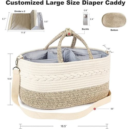 YeaYee Baby Diaper Caddy Organizer, X-Large, 5 Grids, 8 Pockets, Shoulder Strap Portable Nursery Storage Basket with 2 Changeable Compartments, 100% Cotton Woven Rope Bins, Newborn Gift - XL