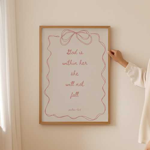 Psalms 46:5 God is Within Her, She will not Fall (Baby Pink) Cute Girly Christian Wall Art, Trendy Ribbon Bible Art, Girls Bedroom Decor