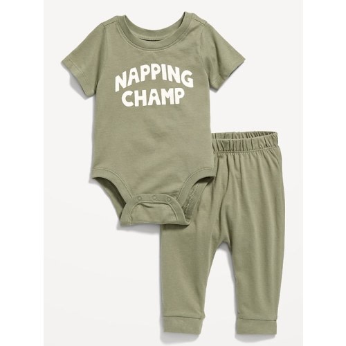 Unisex Short-Sleeve Bodysuit & U-Shaped Pull-On Pants Set for Baby