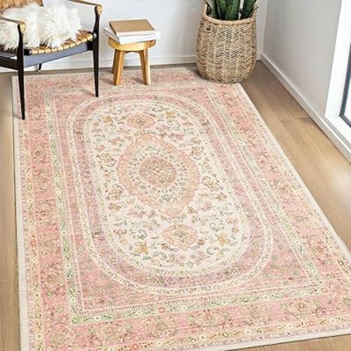 Pink Rug 3x5,Boho Washable Area Rugs for Bedroom Living Room Kitchen Entryway,Small Vintage Distressed Farmhouse Non Slip Carpet,Blush Floral