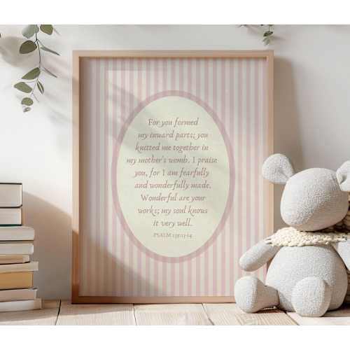 Psalm 139 Vintage Nursery Print Pink, Christian Wall Art, Antique Style Bible Verse Poster, Baby Girl Pink Bedroom Decor, Digital Download