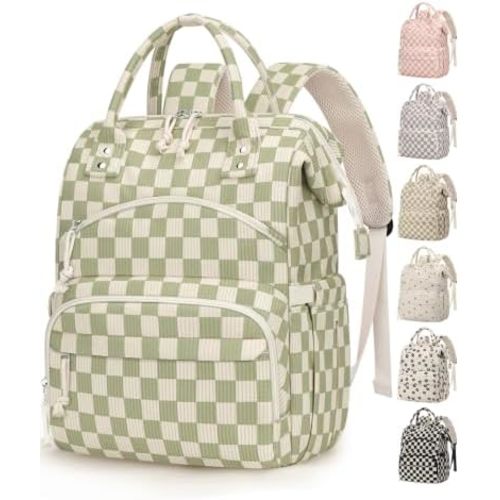 Pritent Large Capacity Diaper Bag Backpack for Mom – Lightweight Maternity Nappy Bag with Insulated Pockets, Stroller Straps & Travel Essentials for Baby Girl Boy, Checkered Green