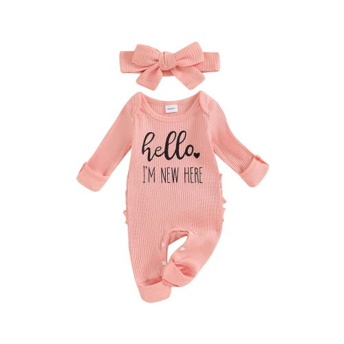 Newborn Baby Girl Clothes Hello I'm New Here Ribbed Jumpsuit Long Sleeve Ruffle Romper with Headband Coming Home Outfits