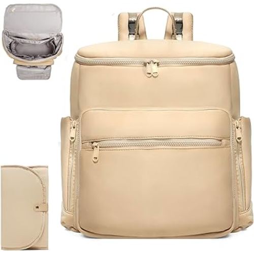 ILCOLPO Diaper Bag Backpack, Neoprene Bag Backpack, Large Diaper Backpack with 16 Diaper Bag Organizers, 4 Insulated Pockets, Lighweight Travel Baby Bag with Changing Pad for Mom & Dad, Apricot