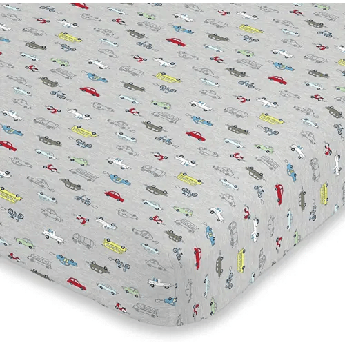 Carter's Busy Cars & Bikes Crib Sheet Super Soft Mini Crib Fitted Sheet, Red, Grey, Yellow, Blue