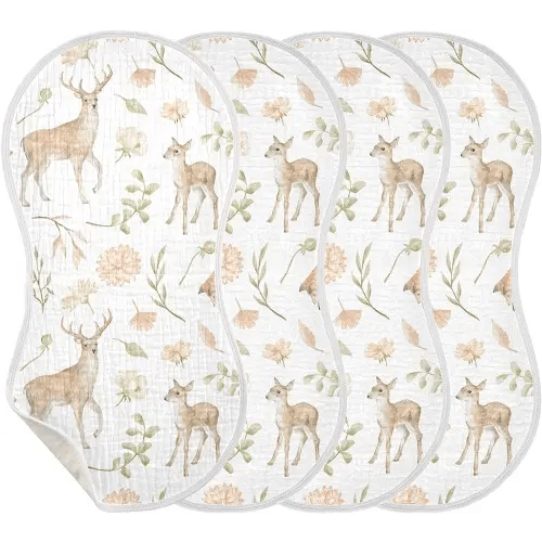 Kigai Sika Deers and Fox Muslin Baby Burp Cloths, Absorbent Soft Cotton Burp Rag for Newborn Baby Boys and Girls, 4 Pack
