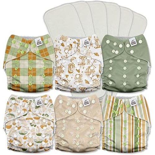 Mama Koala 3.0 Pocket Cloth Diapers for Babies with AWJ Lining, 6 Pack with 6 5-Layer Natural Cloth Diaper Inserts - Reusable and Washable Pocket Diapers(A-Mushrooms)