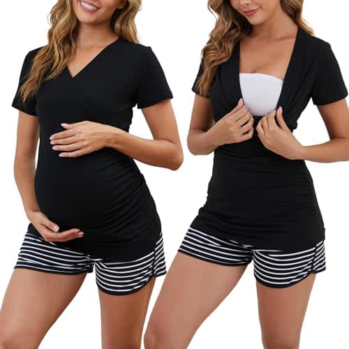 Liu & Qu Maternity Nursing Pajama Set,Short Sleeve Breastfeeding Shirts & Pregnancy Shorts with Pockets 2 Piece Nursing PJS