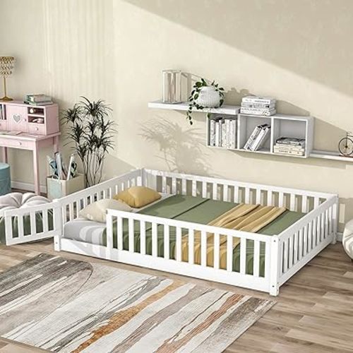 i-POOK Full Size Floor Bed for Children, Solid Wood Montessori Bed Frame with Fence & Door Montessori Floor Bed with Safety Guardrails for Girls and Boys, White (with Bed Slats)