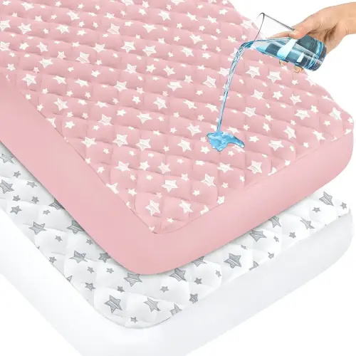 Crib Mattress Protector Waterproof 2 Pack, Quilted Crib Mattress Pad Cover 52" x 28" Extra Soft Breathable Toddler Bed Cover Stretch Up to 8", Pink & White Star