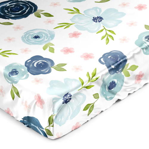 Sweet Jojo Designs Watercolor Floral Navy Blue And Pink Girl Satin Fitted Crib Sheet