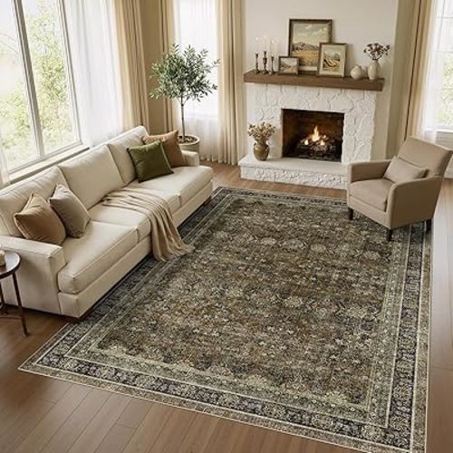 WITSHOCK Olive Green Dining Room Rugs for Under Table: Boho Modern Vintage Moody Retro Antique Neutral, 9x12 Brown Washable Non-Slip Ultra-Thin Large Area Rugs for Living Room Bedroom Nursery Lounge