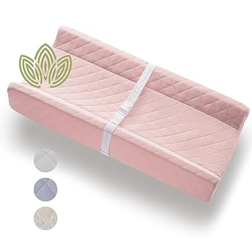 Organic Cotton Contoured Baby Changing Pad w/Waterproof Foam Mattress, Includes Soft, Removable & Washable Cover, Safety Strap, Non-Slip Bottom, Topper for Standard Size Infant Diaper Table & Dresser