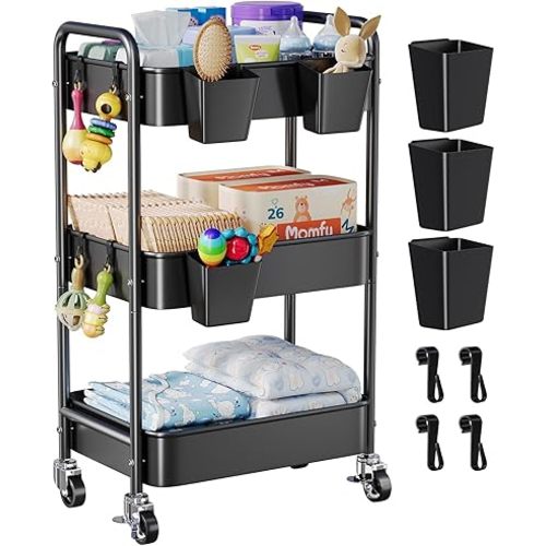 Baby Diaper Caddy Organizer and Storage, 3 Tier Rolling Cart with Wheels for Newborn Nursery Essentials, Baby Organizers for Changing Table, Crib, Bedroom, Movable Bedside Organizatio (Black)