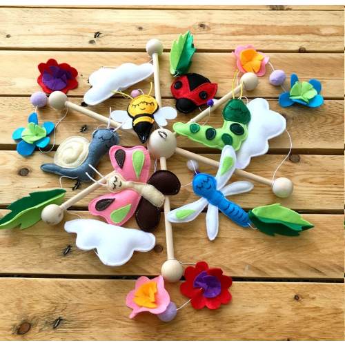 Mobile baby My little insects, cradle suspension, deco baby room, flowers clouds and pompoms.