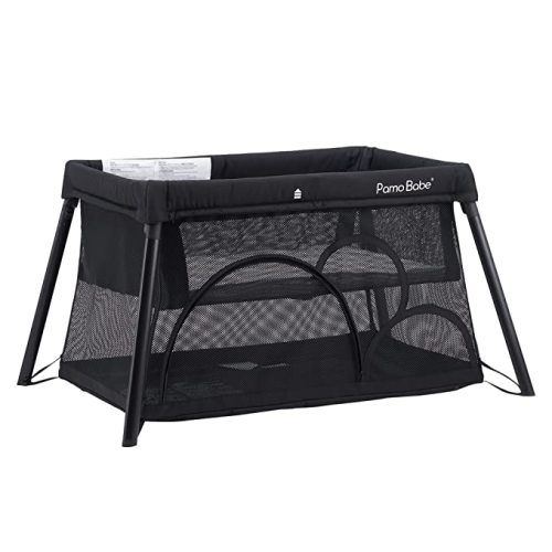 Pamo Babe Mini Crib, Travel Crib for Baby Lightweight Baby Playpen, Portable Playard with Bassinet and Mattress - Black - w/ Bassinet
