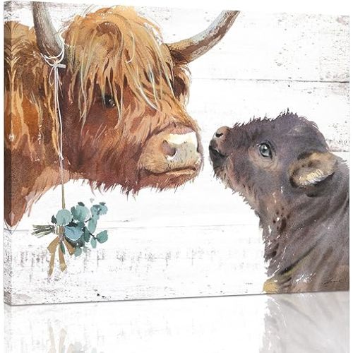 Highland Cow Canvas Wall Art: Cow Pictures Wall Decor for Nursery Room,Cow Painting Wall Decor for Bedroom Living Room Kitchen,Rustic Farmhouse Wall Art Prints Hanging Wall Posters 12"x15"