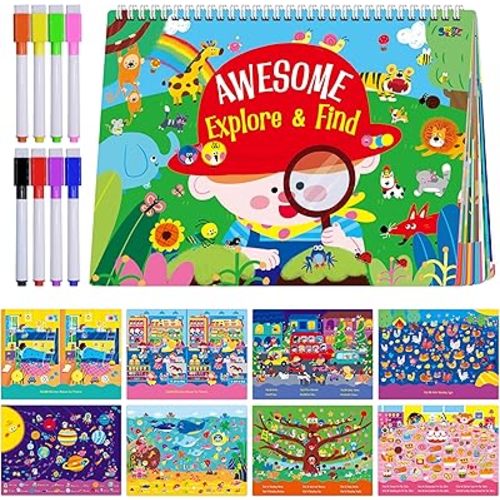 30 Dry Erase Activities Book, Reusable & Erasable Game Pad, Explore and Find Games Montessori Learning Tool Educational Autism Sensory Toys for Kids, Road Trip, Airplane, Travel (Markers Included)