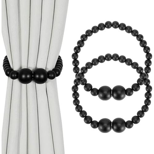 Magnetic Curtain Tiebacks, 2 Pack Curtain Holdbacks for Draperies, Wood Bead Curtain Tiebacks, Elegant Curtain Tie Backs for Bedroom Decor, Boho Room Decor, Nursery Decor, Farmhouse Decor