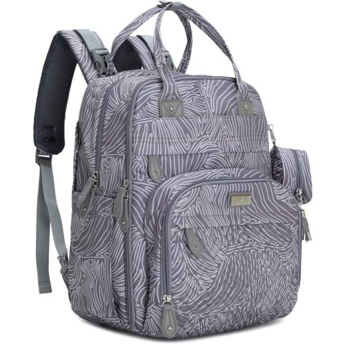 BabbleRoo Diaper Bag Backpack - Baby Essentials, Travel Essentials Baby Bag with Changing Pad, Stroller Straps & Pacifier Case - Unisex, Gray Swirls