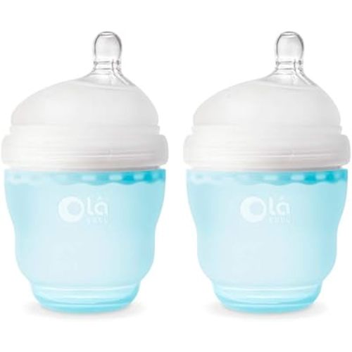 Olababy Gentle Silicone Baby Bottle, Anti-Colic, BPA Free, Easy to Clean and Wide Neck Baby Bottles Best for Breast Feeding Babies 2 Piece Set (4 oz, Sky)