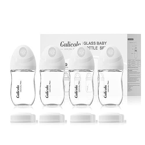 Gulicola Natural Glass Baby Bottle 4 Pack, Newborn Breastfeeding Bottles Set, Extra Slow Flow Nipples (SS), Anti Colic, 0 Months+, 5 oz - White