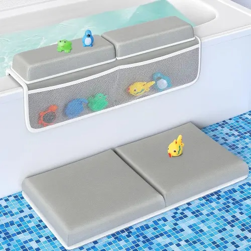 Tiikiy Comfortable Bath Kneeler and Elbow Rest Pad Set for Baby Shower Time Parents, Bathtub Kneeling Pad Painless Memory Foam Mat with Bath Toys Organizer Pockets Quick Drying -Green Gray