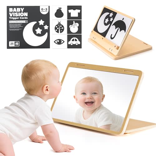 Tummy Time Mirror for Baby Montessori Baby Floor Mirror with High Contrast Black and White Cards Infant Safe Mirror Toy for Newborn