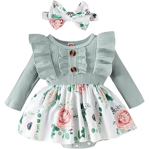 Baby Girl Clothes Newborn Infant Outfits Ruffle Romper One-piece Bodysuit Clothing with Bow Headband Sets for Girls