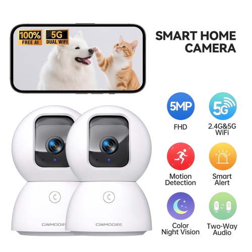 CINMOORE 3K Indoor Home Camera w/ No Monthly Fees AI Tracking&Face ID, Pet/Dog Camera Indoor w/Phone App, 2.4/5GHz WiFi Camera for Home Security Baby Monitor, Pan/Tilt, Full Duplex 2-Way Audio, 2Pack