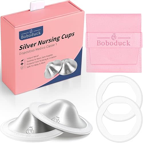 Boboduck 999 Silver Nipple Covers Breastfeeding - The Original Silver Nursing Cups - Protect and Soothe Sore Nipples - Silver Nipple Shield Guards with Soft Silicone Ring