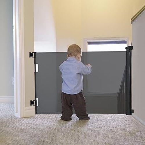 Retractable Baby Gate Indoor Outdoor Safety Gate for Baby and Dog Gate Extends to 55'' Wide 35'' Tall Child Safety Gate Mesh Gate for Stairs, Door