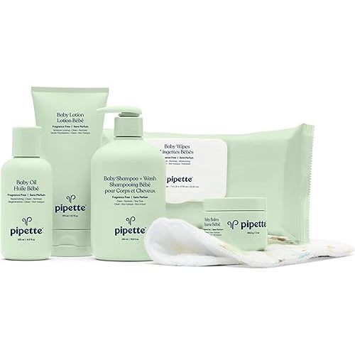 Pipette Baby Essentials Kit - Gender Neutral Baby Gift Set, Hypoallergenic, Petroleum & Fragrance Free, Natural Hydrating Plant-Derived Squalane, 6-Pieces