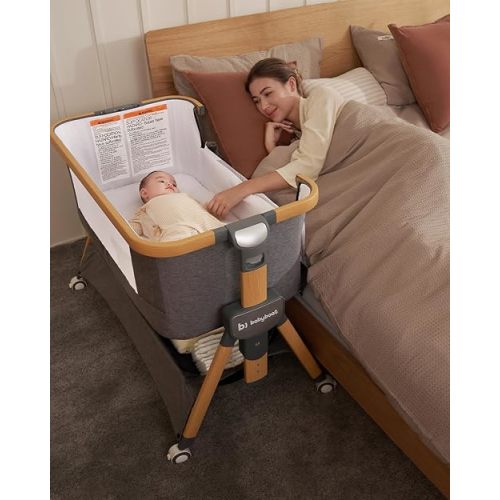 Cozy2, Bedside Bassinet,Travel Bassinet with Bigger Wheels Portable Bassinet Sleeper with Skin-Friendly Mattress,5 Height Adjustable Bedside Crib for Baby - Wood