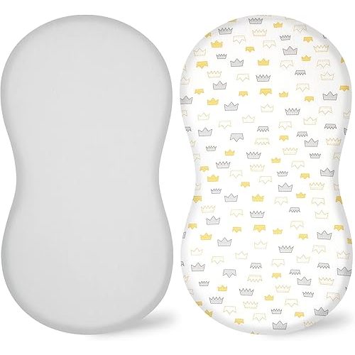 TILLYOU Cotton Fitted Bassinet Sheets for Baby Boy Girl, Fit for Halo Bassinet Swivel Sleeper, Adapt to Hourglass Bassinet Mattress Sheet, 31.5'' x 18'', 2 Pack Gray Crown & Light Gray